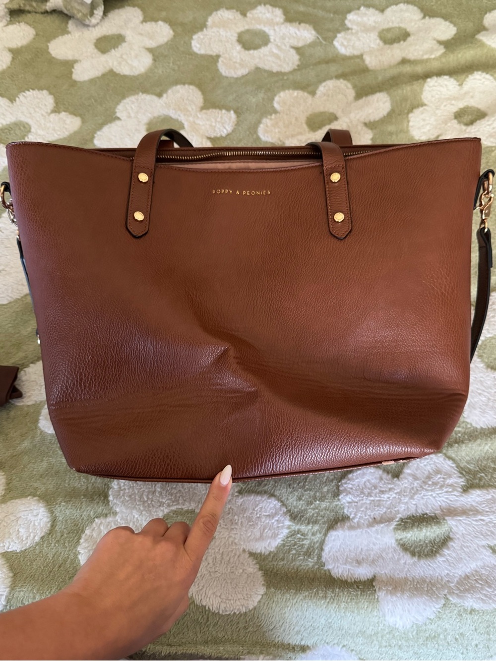 Poppy & Peonies Chestnut Leather-Look Tote with Crossbody Strap